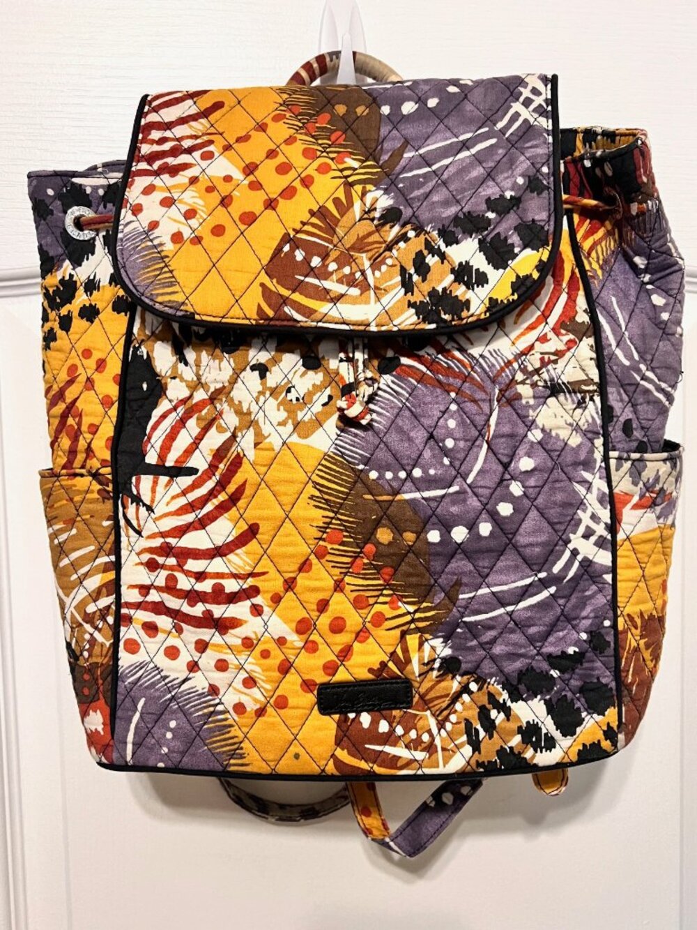 Vera Bradley Drawstring Quilted Cloth Back Pack-Painted Feathers-Purple/Gold Mix